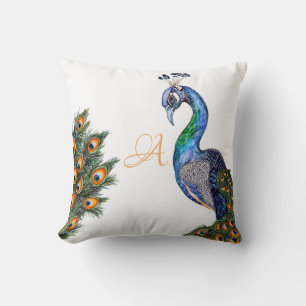 Elegantes Watercolor Peacock Monogramm weiß Kissen
