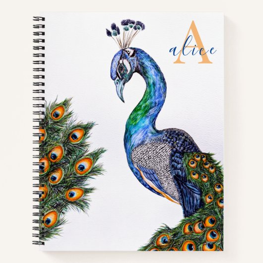 Elegantes Watercolor Peacock Monogramm weiß Notizblock (Vorderseite)