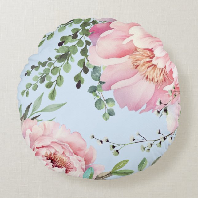 Elegantes Watercolor Peonies Round Pillow Rundes Kissen (Vorderseite)