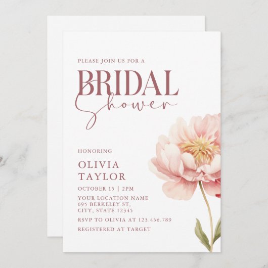 Elegantes Watercolor Peony Brautparty Einladung (Vorne/Hinten)