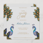 Elegantes Watercolor Pfau Silvester-Party Einladung (Vorne/Hinten)