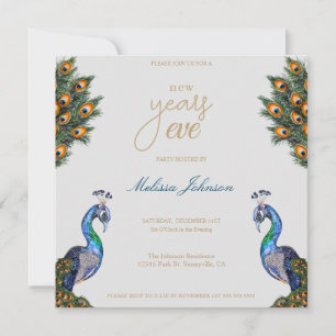 Elegantes Watercolor Pfau Silvester-Party Einladung