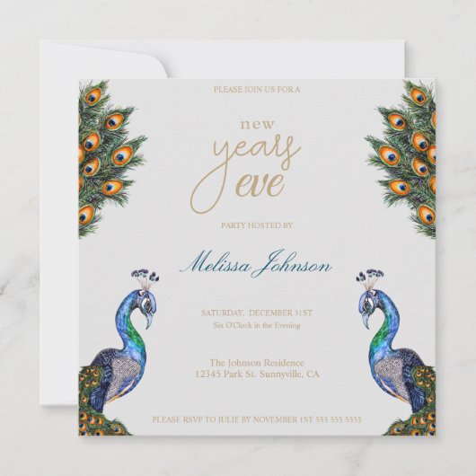 Elegantes Watercolor Pfau Silvester-Party Einladung (Vorderseite)