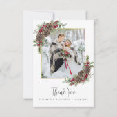 Elegantes Watercolor Pine Winter Wedding Foto Dankeskarte (Vorderseite)