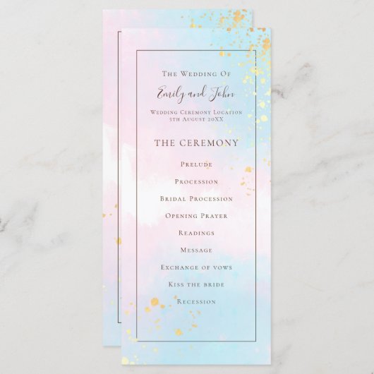 Elegantes Watercolor Pink Aquamarines Gold Confett Programm (Vorne/Hinten)