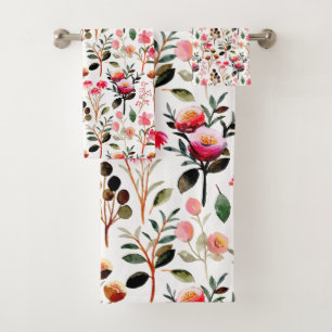 Elegantes Watercolor Pink Blumengrün Muster Badhandtuch Set