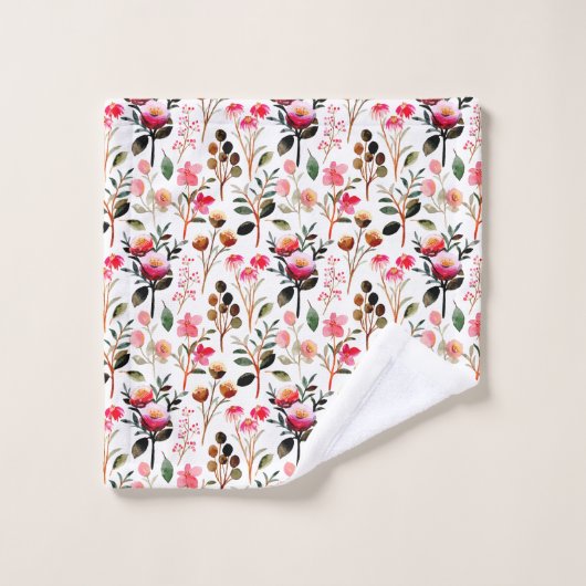 Elegantes Watercolor Pink Blumengrün Muster Badhandtuch Set (Waschlappen)