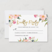 Elegantes Watercolor Pink Floral Gold Script RSVP Karte (Vorderseite)