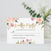 Elegantes Watercolor Pink Floral Gold Script RSVP Karte (Stehend Vorderseite)