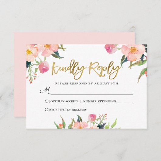 Elegantes Watercolor Pink Floral Gold Script RSVP Karte (Vorne/Hinten)