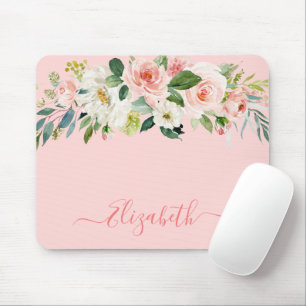Elegantes Watercolor Pink-Weiß-Blumen-Trendy-Skrip Mousepad