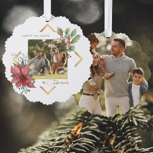 Elegantes Watercolor Poinsettias mit Goldrahmen-Fo Ornament Karte