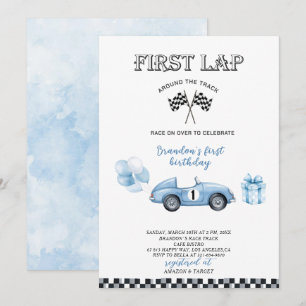 Elegantes Watercolor Race Car erste Geburtstagspar Einladung