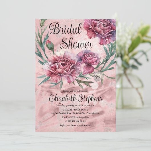 Elegantes Watercolor Rosa Nelken Brautparty Einladung (Stehend Vorderseite)