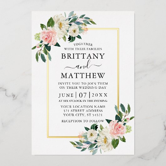 Elegantes Watercolor Rosa Weiße Blumenhochzeit Gol Folieneinladung (Vorderseite)