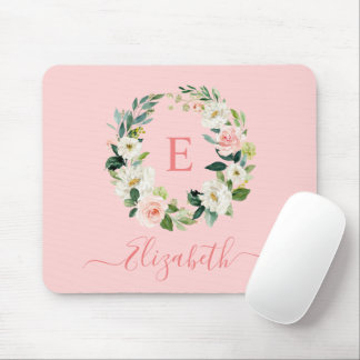 Elegantes Watercolor Rosa Weißes Floral Monogramm Mousepad