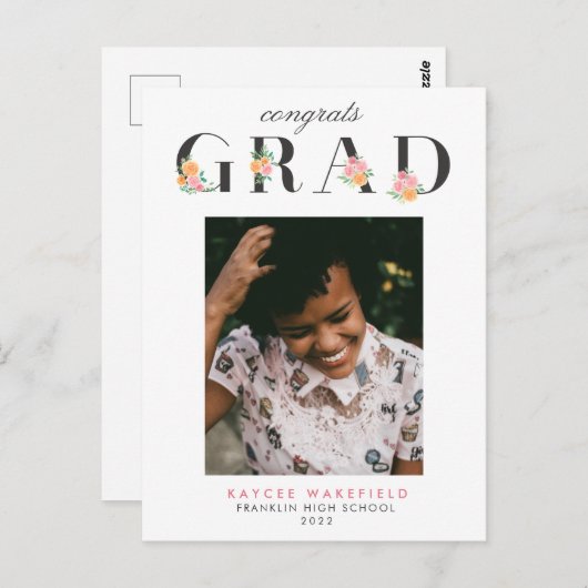 Elegantes Watercolor Rose Abschluss Foto Postkarte (Vorne/Hinten)