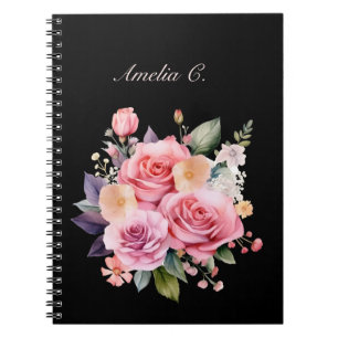 Elegantes Watercolor Rose Bouquet Black Notebook Notizblock