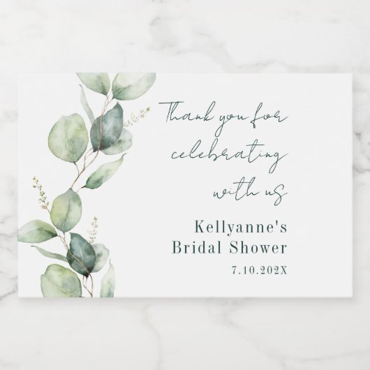 Elegantes Watercolor Script Eucalyptus-Brautparty Schaumweinetikett (Einzelnes Label)