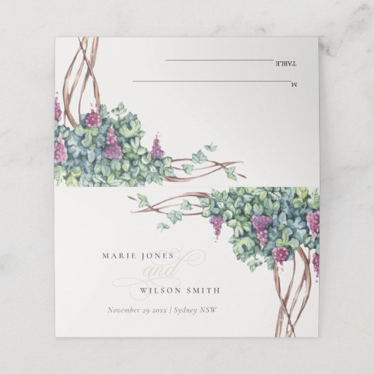 Elegantes Watercolor Script Grapevine Wedding Platzkarte (Außenseite Aufgefaltet)