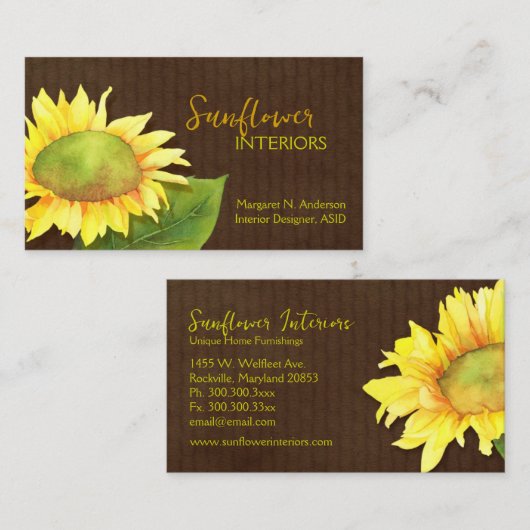 Elegantes Watercolor Sonnenblumen Einzigartig Visitenkarte (Vorne/Hinten)