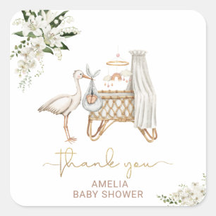 Elegantes Watercolor StorkGirl White Floral Baby S Quadratischer Aufkleber