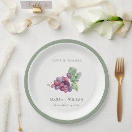Elegantes Watercolor Traubenblatt Rustikale Hochze Pappteller