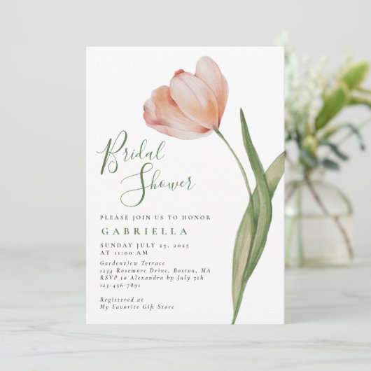 Elegantes Watercolor Tulip Grünes Brautparty Einladung (Stehend Vorderseite)