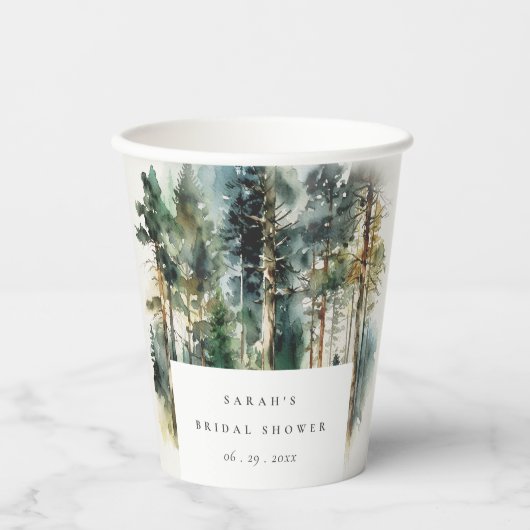Elegantes Watercolor Wald Forest Brautparty Pappbecher (Vorderseite)