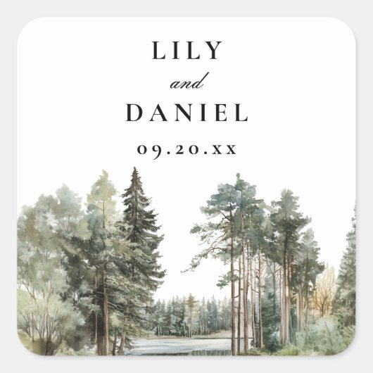 Elegantes Watercolor Wald-Hochzeit Quadratischer Aufkleber (Vorderseite)