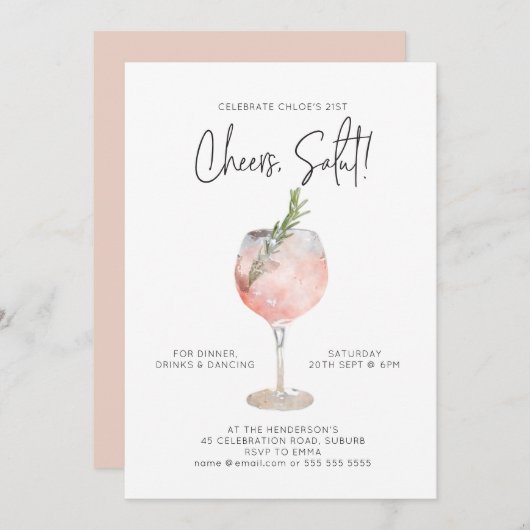 Elegantes Watercolor Weinkeller Cocktail Party Ros Einladung (Vorne/Hinten)