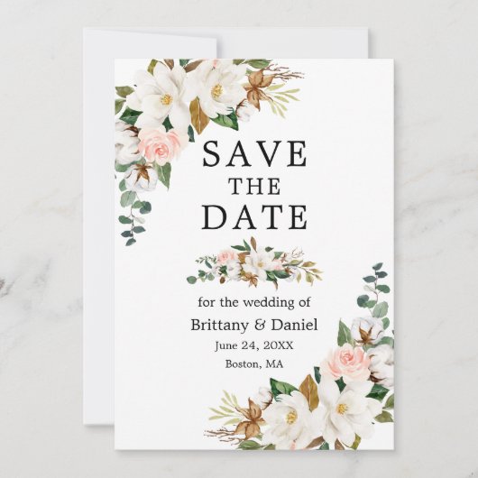 Elegantes Watercolor Weißes Magnolias Rosa Rosen Save The Date (Vorderseite)