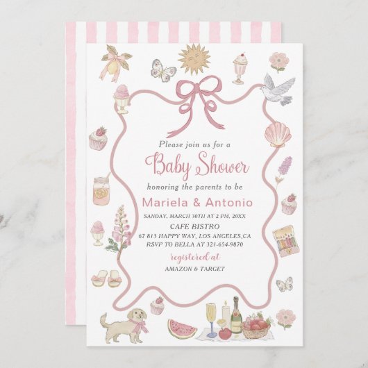 Elegantes Watercolor Whimsical Summer Doodles Baby Einladung (Vorne/Hinten)