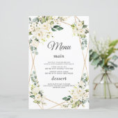 Elegantes Watercolor White Blume Gold Wedding Menu (Stehend Vorderseite)