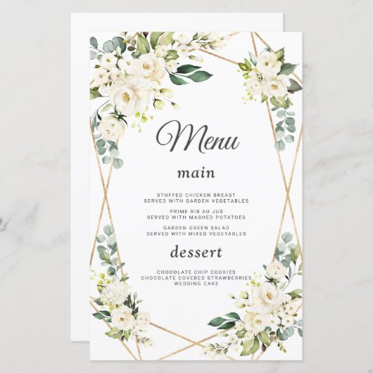 Elegantes Watercolor White Blume Gold Wedding Menu (Vorne/Hinten)