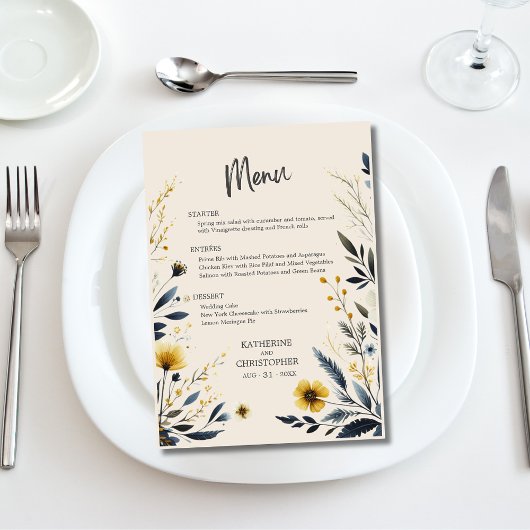 Elegantes Watercolor Wildblumen Beige Wedding Menu Menükarte