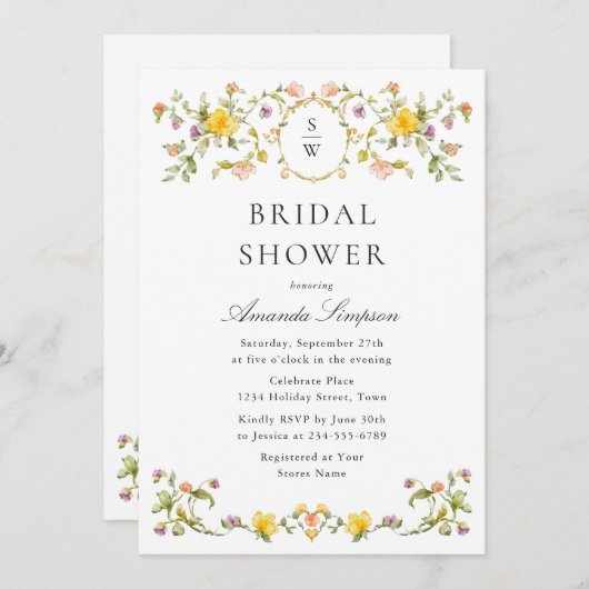 Elegantes Watercolor Wilde Blume Brautparty Einladung (Vorne/Hinten)