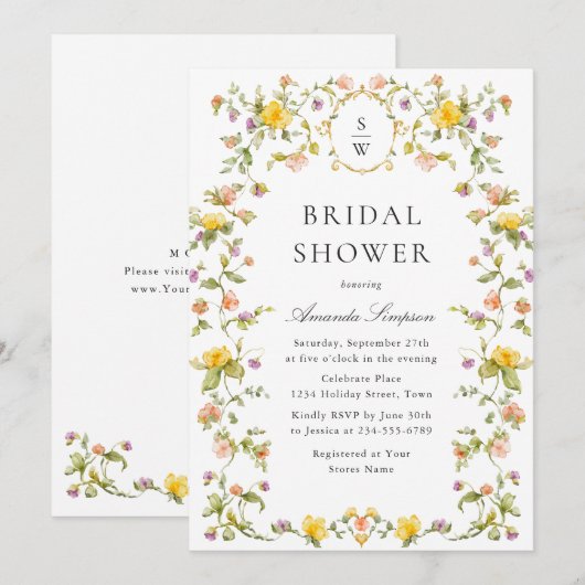 Elegantes Watercolor Wilde Blume Brautparty Einladung (Vorne/Hinten)