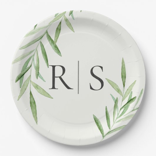 Elegantes Watercolor Willow Brautparty Monogram Pappteller (Vorderseite)