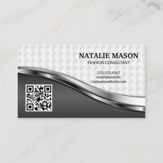 Elegantes Weave Muster | Silver Metallic | QR-Code Visitenkarte (Rückseite)