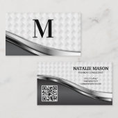 Elegantes Weave Muster | Silver Metallic | QR-Code Visitenkarte (Vorne/Hinten)