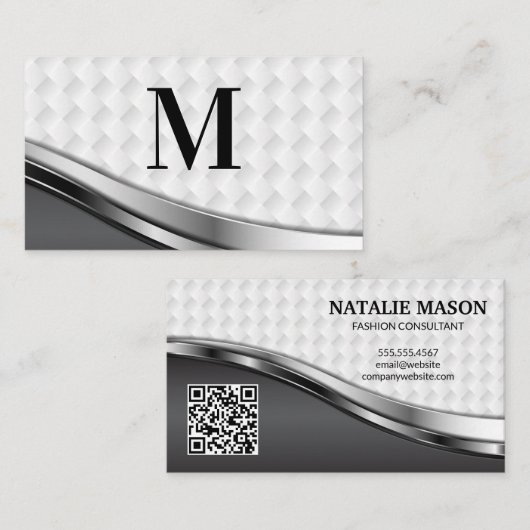 Elegantes Weave Muster | Silver Metallic | QR-Code Visitenkarte (Vorne/Hinten)