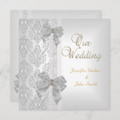 Elegantes Wedding Damask Silver White Bow Set Einladung (Vorne/Hinten)