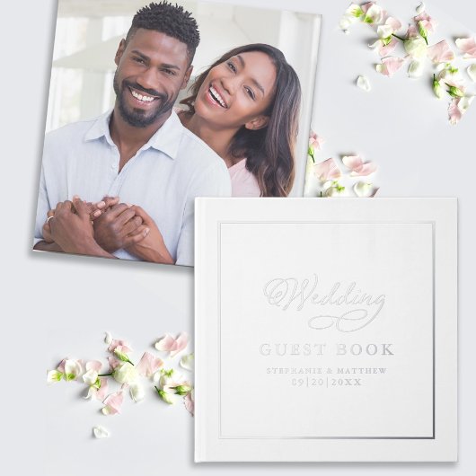 Elegantes Wedding Foto Silver Calligraphy Chic Rea Gästebuch