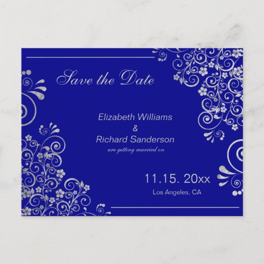 Elegantes Wedding Marine-Blau-Silber Save the Date Ankündigungspostkarte (Vorderseite)