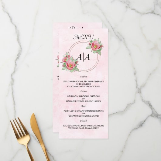 Elegantes WEDDING MENU. Menükarte (Vorderseite/Rückseite Beispiel)