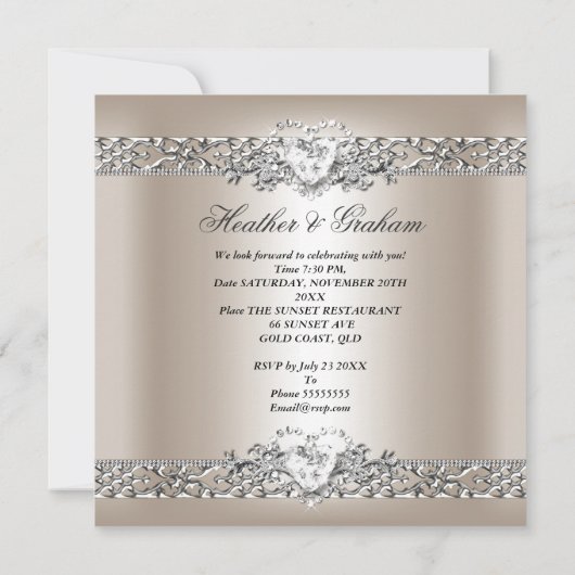 Elegantes Wedding Silver Cream Diamond Herz Einladung (Rückseite)