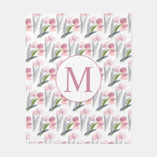 Elegantes Weibchenblush Pink Tulips Weißes Monogra Fleecedecke (Vorderseite)
