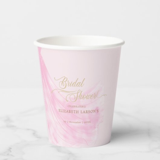 Elegantes, weich rosa Hochzeitskleid Brautparty Pappbecher (Vorderseite)