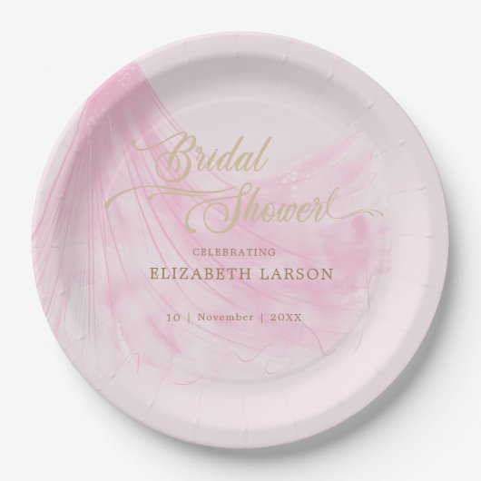 Elegantes, weich rosa Hochzeitskleid Brautparty Pappteller (Vorderseite)